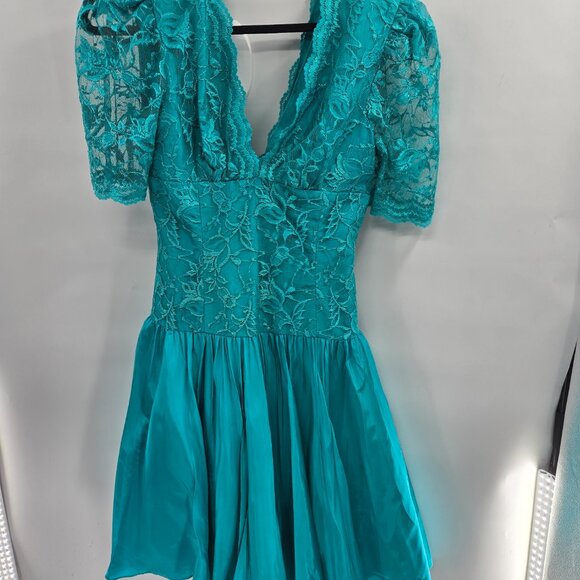 Vintage Carmella's Creation Teal Lace Taffeta 80s Formal Prom Dress Size 12 - Picture 1 of 16